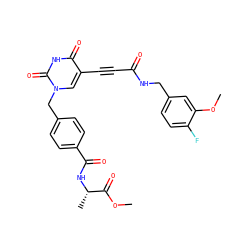 COC(=O)[C@H](C)NC(=O)c1ccc(Cn2cc(C#CC(=O)NCc3ccc(F)c(OC)c3)c(=O)[nH]c2=O)cc1 ZINC001772617470