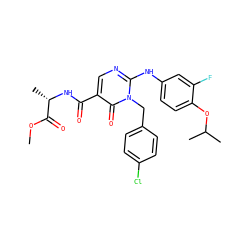 COC(=O)[C@H](C)NC(=O)c1cnc(Nc2ccc(OC(C)C)c(F)c2)n(Cc2ccc(Cl)cc2)c1=O ZINC000221182382