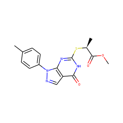 COC(=O)[C@H](C)Sc1nc2c(cnn2-c2ccc(C)cc2)c(=O)[nH]1 ZINC000004928359