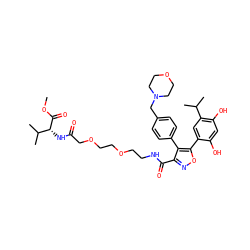 COC(=O)[C@H](NC(=O)COCCOCCNC(=O)c1noc(-c2cc(C(C)C)c(O)cc2O)c1-c1ccc(CN2CCOCC2)cc1)C(C)C ZINC001772594370
