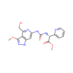 COC(=O)[C@H](NC(=O)Nc1cc2[nH]nc(OC)c2c(CO)n1)c1ccccn1 ZINC001772650560