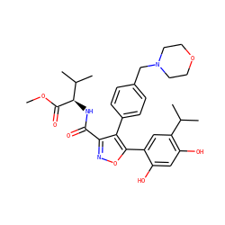 COC(=O)[C@H](NC(=O)c1noc(-c2cc(C(C)C)c(O)cc2O)c1-c1ccc(CN2CCOCC2)cc1)C(C)C ZINC001772622535