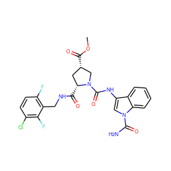 COC(=O)[C@H]1C[C@@H](C(=O)NCc2c(F)ccc(Cl)c2F)N(C(=O)Nc2cn(C(N)=O)c3ccccc23)C1 ZINC000147825222