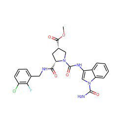 COC(=O)[C@H]1C[C@@H](C(=O)NCc2cccc(Cl)c2F)N(C(=O)Nc2cn(C(N)=O)c3ccccc23)C1 ZINC000148261500