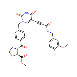 COC(=O)[C@H]1CCCN1C(=O)c1ccc(Cn2cc(C#CC(=O)NCc3ccc(F)c(OC)c3)c(=O)[nH]c2=O)cc1 ZINC001772656113