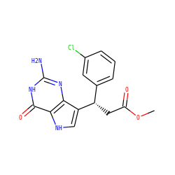 COC(=O)C[C@@H](c1cccc(Cl)c1)c1c[nH]c2c(=O)[nH]c(N)nc12 ZINC000027207870