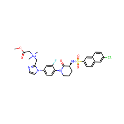 COC(=O)C[N+](C)(C)Cc1nccn1-c1ccc(N2CCC[C@H](NS(=O)(=O)c3ccc4cc(Cl)ccc4c3)C2=O)c(F)c1 ZINC000034689255