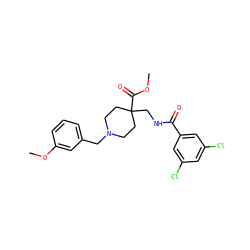 COC(=O)C1(CNC(=O)c2cc(Cl)cc(Cl)c2)CCN(Cc2cccc(OC)c2)CC1 ZINC000072124333