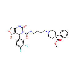 COC(=O)C1(c2ccccc2)CCN(CCCCNC(=O)N2C(=O)NC3=C(C(=O)OC3)[C@H]2c2ccc(F)c(F)c2)CC1 ZINC000100801449