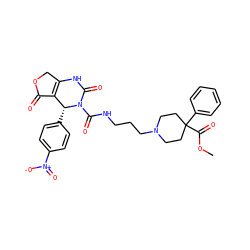 COC(=O)C1(c2ccccc2)CCN(CCCNC(=O)N2C(=O)NC3=C(C(=O)OC3)[C@H]2c2ccc([N+](=O)[O-])cc2)CC1 ZINC000100844358