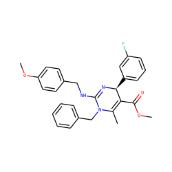 COC(=O)C1=C(C)N(Cc2ccccc2)C(NCc2ccc(OC)cc2)=N[C@H]1c1cccc(F)c1 ZINC000015937405
