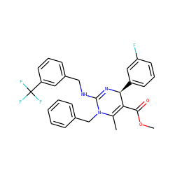 COC(=O)C1=C(C)N(Cc2ccccc2)C(NCc2cccc(C(F)(F)F)c2)=N[C@H]1c1cccc(F)c1 ZINC000015937402