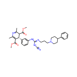COC(=O)C1=C(C)N=C(C)C(C(=O)OC)[C@@H]1c1cccc(N/C(=N/CCCN2CCC(c3ccccc3)CC2)NC#N)c1 ZINC000027082571