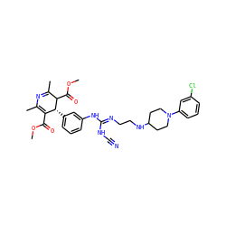 COC(=O)C1=C(C)N=C(C)C(C(=O)OC)[C@@H]1c1cccc(N/C(=N/CCNC2CCN(c3cccc(Cl)c3)CC2)NC#N)c1 ZINC000028463227