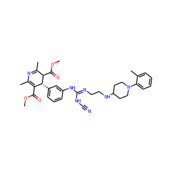 COC(=O)C1=C(C)N=C(C)C(C(=O)OC)[C@@H]1c1cccc(N/C(=N/CCNC2CCN(c3ccccc3C)CC2)NC#N)c1 ZINC000100058565