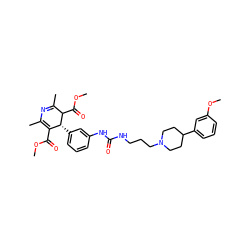 COC(=O)C1=C(C)N=C(C)C(C(=O)OC)[C@@H]1c1cccc(NC(=O)NCCCN2CCC(c3cccc(OC)c3)CC2)c1 ZINC000098068152