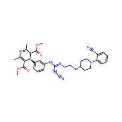 COC(=O)C1=C(C)N=C(C)C(C(=O)OC)[C@H]1c1cccc(N/C(=N/CCNC2CCN(c3ccccc3C#N)CC2)NC#N)c1 ZINC000028458324