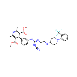 COC(=O)C1=C(C)N=C(C)C(C(=O)OC)[C@H]1c1cccc(N/C(=N/CCNC2CCN(c3ccccc3C(F)(F)F)CC2)NC#N)c1 ZINC000028458474