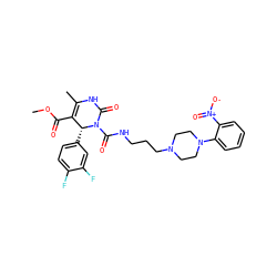 COC(=O)C1=C(C)NC(=O)N(C(=O)NCCCN2CCN(c3ccccc3[N+](=O)[O-])CC2)[C@@H]1c1ccc(F)c(F)c1 ZINC000027548271