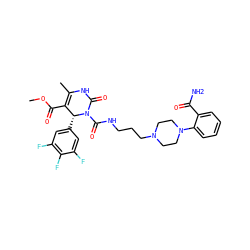 COC(=O)C1=C(C)NC(=O)N(C(=O)NCCCN2CCN(c3ccccc3C(N)=O)CC2)[C@@H]1c1cc(F)c(F)c(F)c1 ZINC000027524612
