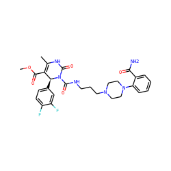 COC(=O)C1=C(C)NC(=O)N(C(=O)NCCCN2CCN(c3ccccc3C(N)=O)CC2)[C@H]1c1ccc(F)c(F)c1 ZINC000003950764