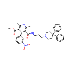 COC(=O)C1=C(C)NC(C)=C(C(=O)NCCCN2CCC(c3ccccc3)(c3ccccc3)CC2)[C@H]1c1cccc([N+](=O)[O-])c1 ZINC000299868002