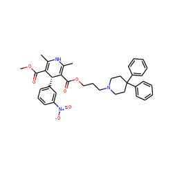 COC(=O)C1=C(C)NC(C)=C(C(=O)OCCCN2CCC(c3ccccc3)(c3ccccc3)CC2)[C@@H]1c1cccc([N+](=O)[O-])c1 ZINC000100057432