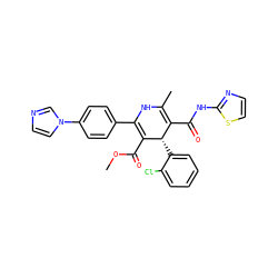 COC(=O)C1=C(c2ccc(-n3ccnc3)cc2)NC(C)=C(C(=O)Nc2nccs2)[C@@H]1c1ccccc1Cl ZINC000026833737