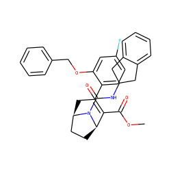 COC(=O)C1=C(c2ccc(F)cc2OCc2ccccc2)C[C@@H]2CC[C@H]1N2C(=O)NC1Cc2ccccc2C1 ZINC000038140381