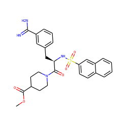 COC(=O)C1CCN(C(=O)[C@@H](Cc2cccc(C(=N)N)c2)NS(=O)(=O)c2ccc3ccccc3c2)CC1 ZINC000012501048