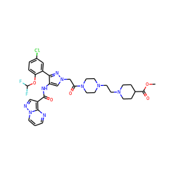 COC(=O)C1CCN(CCN2CCN(C(=O)Cn3cc(NC(=O)c4cnn5cccnc45)c(-c4cc(Cl)ccc4OC(F)F)n3)CC2)CC1 ZINC001772576330