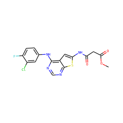 COC(=O)CC(=O)Nc1cc2c(Nc3ccc(F)c(Cl)c3)ncnc2s1 ZINC000169311796