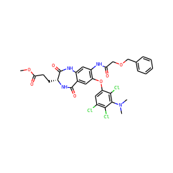 COC(=O)CC[C@H]1NC(=O)c2cc(Oc3cc(Cl)c(Cl)c(N(C)C)c3Cl)c(NC(=O)COCc3ccccc3)cc2NC1=O ZINC001772593883