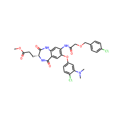 COC(=O)CC[C@H]1NC(=O)c2cc(Oc3ccc(Cl)c(N(C)C)c3)c(NC(=O)COCc3ccc(Cl)cc3)cc2NC1=O ZINC001772601323