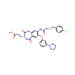 COC(=O)CC[C@H]1NC(=O)c2cc(Oc3cccc(N4CCCC4)c3)c(NC(=O)COCc3ccc(Cl)cc3)cc2NC1=O ZINC001772583881