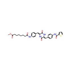COC(=O)CCCCCCC(=O)Nc1ccc(/C=c2\[nH]c(=O)/c(=C/c3ccc(NC(=O)c4cccs4)cc3)[nH]c2=O)cc1 ZINC000026578503