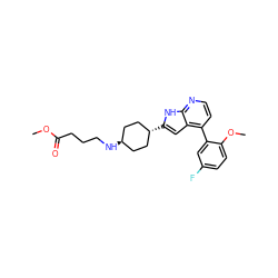 COC(=O)CCCN[C@H]1CC[C@H](c2cc3c(-c4cc(F)ccc4OC)ccnc3[nH]2)CC1 ZINC000473163024