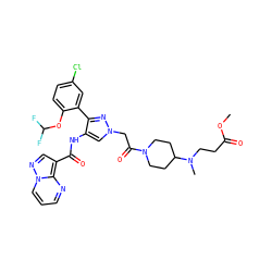 COC(=O)CCN(C)C1CCN(C(=O)Cn2cc(NC(=O)c3cnn4cccnc34)c(-c3cc(Cl)ccc3OC(F)F)n2)CC1 ZINC001772569875