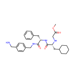 COC(=O)CN[C@H](CC1CCCCC1)C(=O)N[C@@H](Cc1ccccc1)C(=O)NCc1ccc(CN)cc1 ZINC000206312509