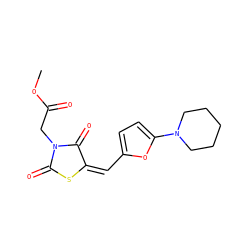 COC(=O)CN1C(=O)S/C(=C/c2ccc(N3CCCCC3)o2)C1=O ZINC000004873482
