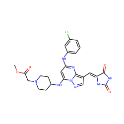 COC(=O)CN1CCC(Nc2cc(Nc3cccc(Cl)c3)nc3c(/C=C4\NC(=O)NC4=O)cnn23)CC1 ZINC000167623378