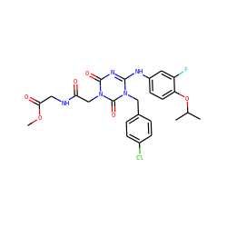 COC(=O)CNC(=O)Cn1c(=O)nc(Nc2ccc(OC(C)C)c(F)c2)n(Cc2ccc(Cl)cc2)c1=O ZINC000204749848