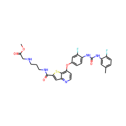 COC(=O)CNCCCNC(=O)c1cc2nccc(Oc3ccc(NC(=O)Nc4cc(C)ccc4F)c(F)c3)c2s1 ZINC000220015217