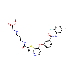 COC(=O)CNCCCNC(=O)c1cc2nccc(Oc3cccc(C(=O)Nc4cc(C)ccc4F)c3)c2s1 ZINC000219995003