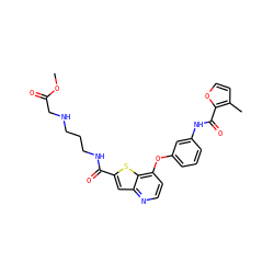COC(=O)CNCCCNC(=O)c1cc2nccc(Oc3cccc(NC(=O)c4occc4C)c3)c2s1 ZINC000219991092