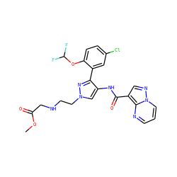 COC(=O)CNCCn1cc(NC(=O)c2cnn3cccnc23)c(-c2cc(Cl)ccc2OC(F)F)n1 ZINC001772645687