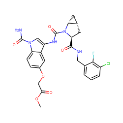 COC(=O)COc1ccc2c(c1)c(NC(=O)N1[C@H](C(=O)NCc3cccc(Cl)c3F)C[C@H]3C[C@H]31)cn2C(N)=O ZINC000147965844