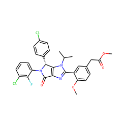COC(=O)Cc1ccc(OC)c(-c2nc3c(n2C(C)C)[C@@H](c2ccc(Cl)cc2)N(c2cccc(Cl)c2F)C3=O)c1 ZINC000169705659