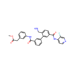COC(=O)Cc1cccc(NC(=O)c2cccc(-c3cc(C(=O)Nc4ccncc4F)ccc3CN)c2)c1 ZINC000207145168