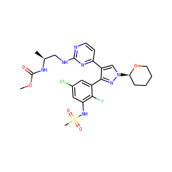 COC(=O)N[C@@H](C)CNc1nccc(-c2cn([C@@H]3CCCCO3)nc2-c2cc(Cl)cc(NS(C)(=O)=O)c2F)n1 ZINC000198447452